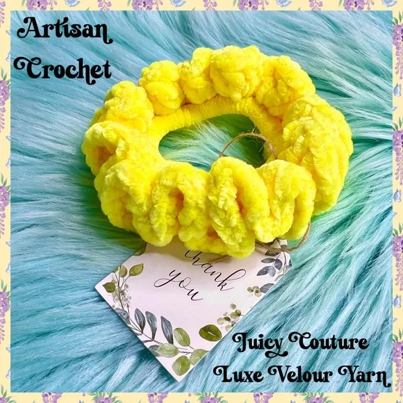 ARTISAN Large VELOUR Crochet Sunrise Bright Yellow Hair Scrunchie - Picture 1 of 6